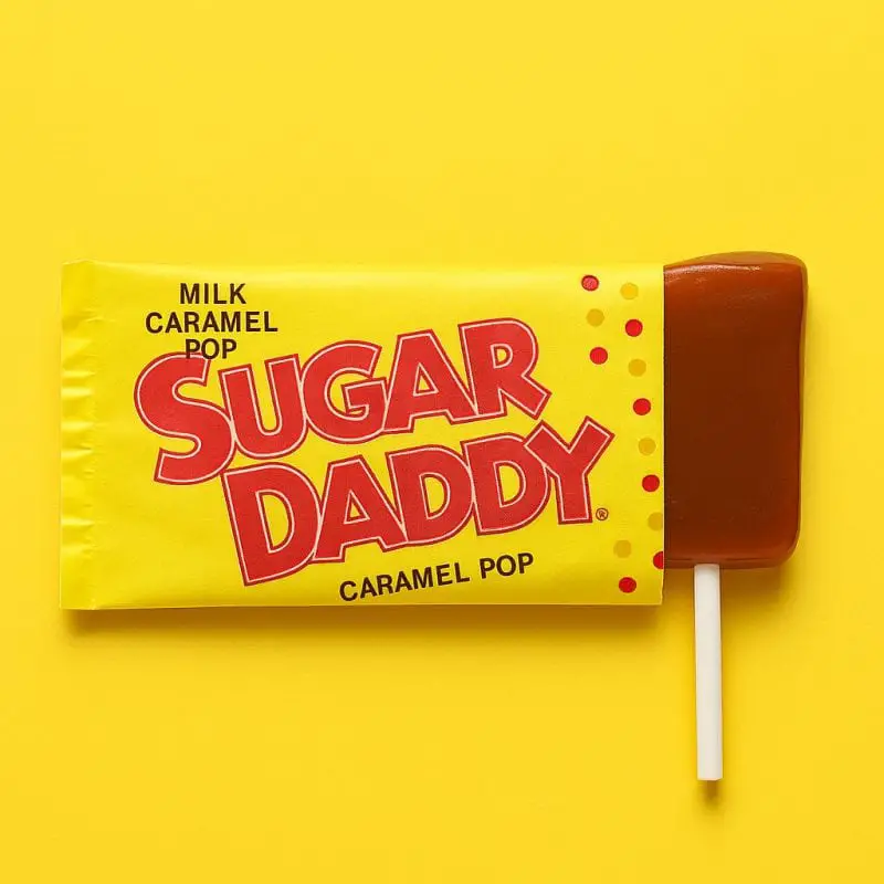 Classic yellow Sugar Daddy caramel lollipop in wrapper