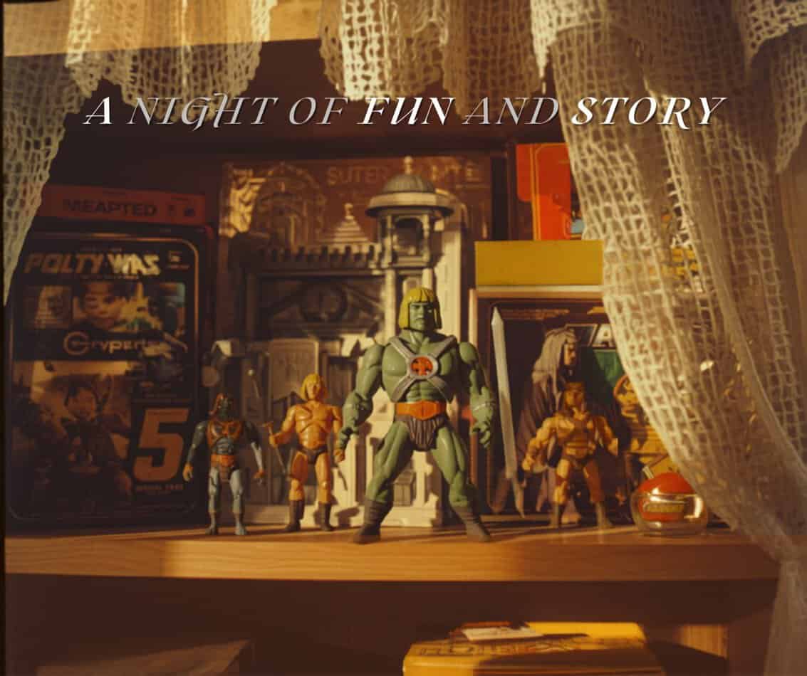 He-Man and Masters of the Universe action figures displayed on shelf in authentic 1980s bedroom