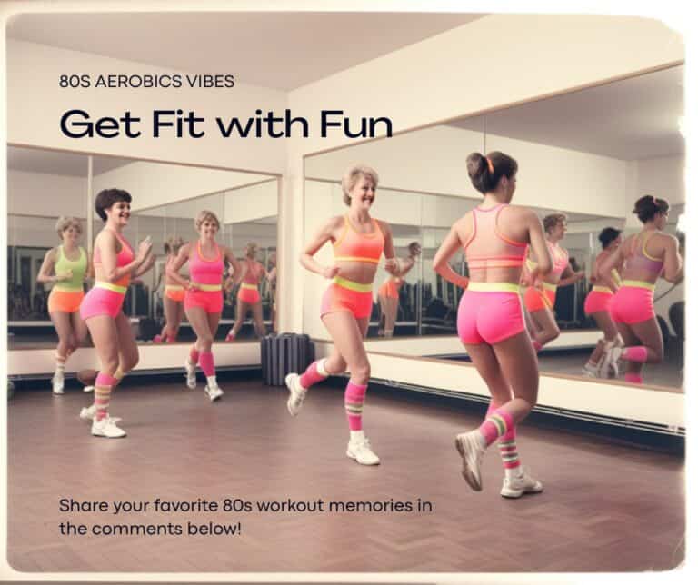 Women doing 80s aerobics workout wearing neon spandex leotards and leg warmers in classic 80s gym