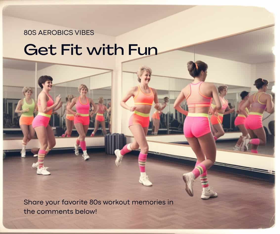 Women doing 80s aerobics workout in neon spandex and leg warmers in a classic 1980s gym
