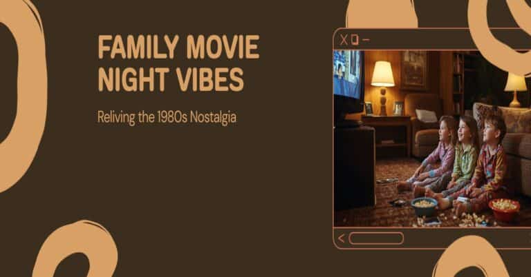 Family watching movies on a CRT television in a cozy 1980s living room with popcorn and VHS tapes