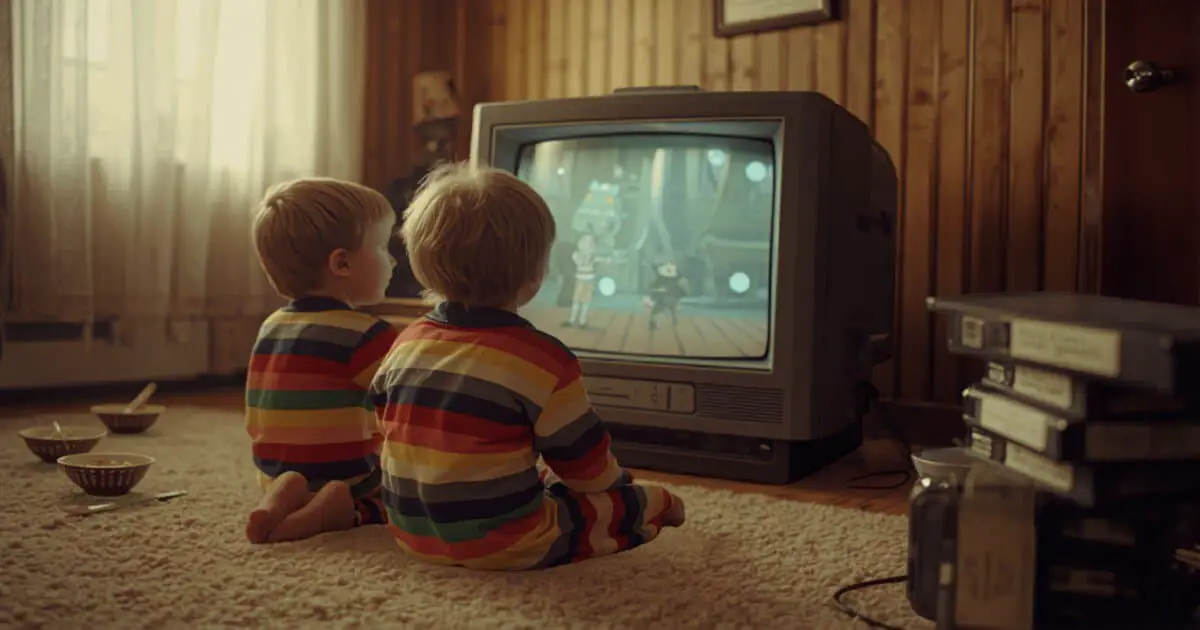 Two kids in pajamas sitting in front of a CRT TV watching Saturday morning cartoons in the 1980s