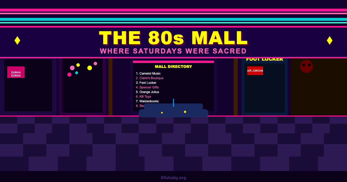 The 80s mall - checkered floors, neon storefronts, and Saturday memories