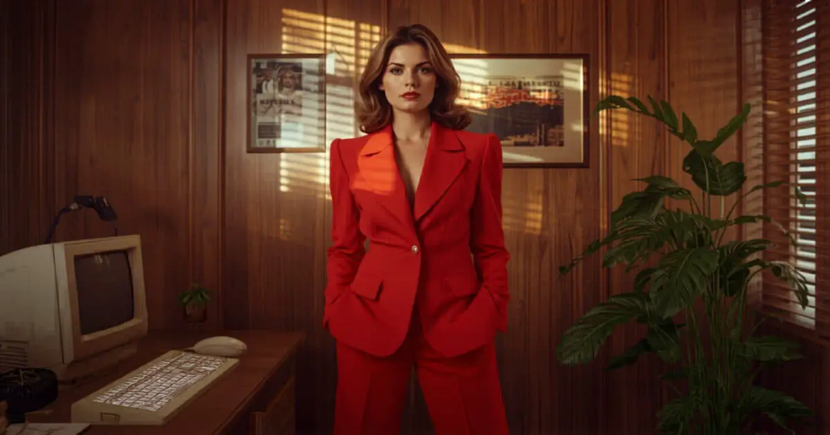 Woman in 80s power suit with shoulder pads in a 1980s corporate office