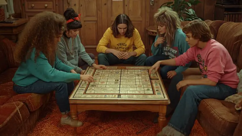 1980s friends playing trivia game night