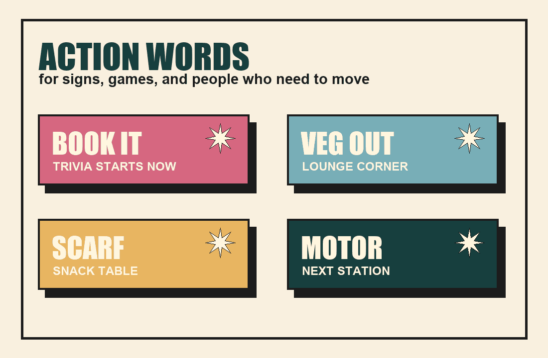 Detailed retro action sign set with book it, veg out, scarf, and motor
