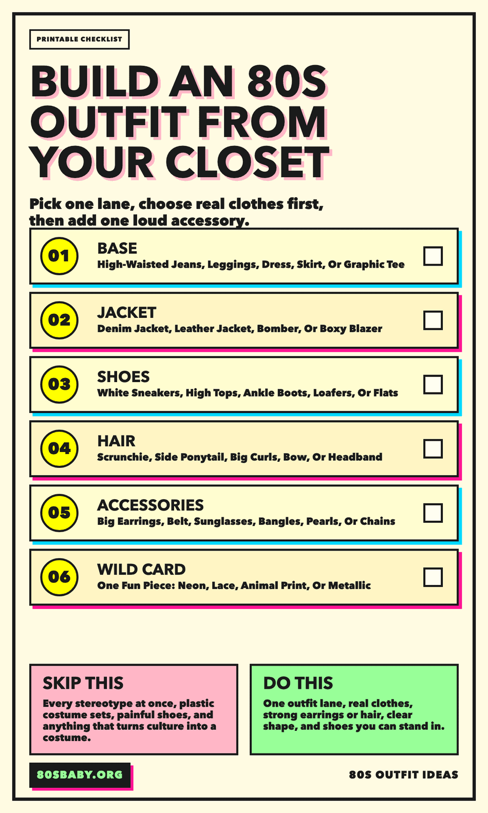 Printable checklist for building an 80s outfit from your closet