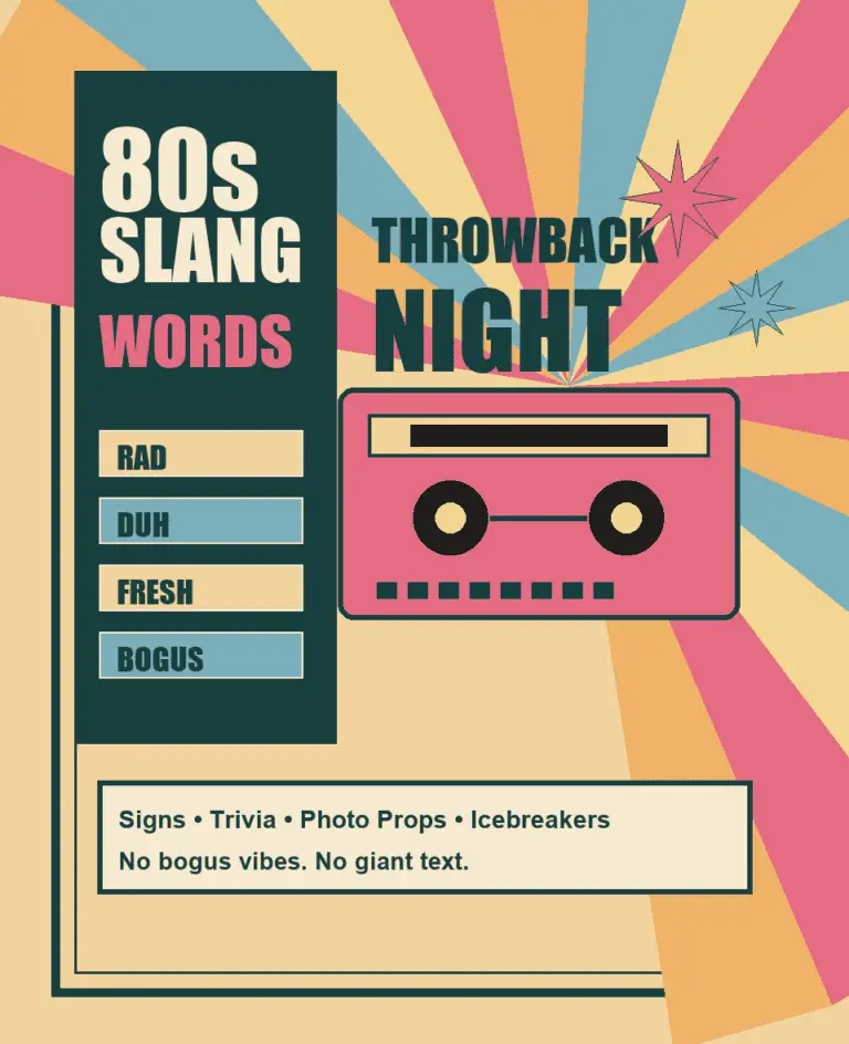 Retro 80s slang throwback night poster with cassette tape, starburst colors, and slang words