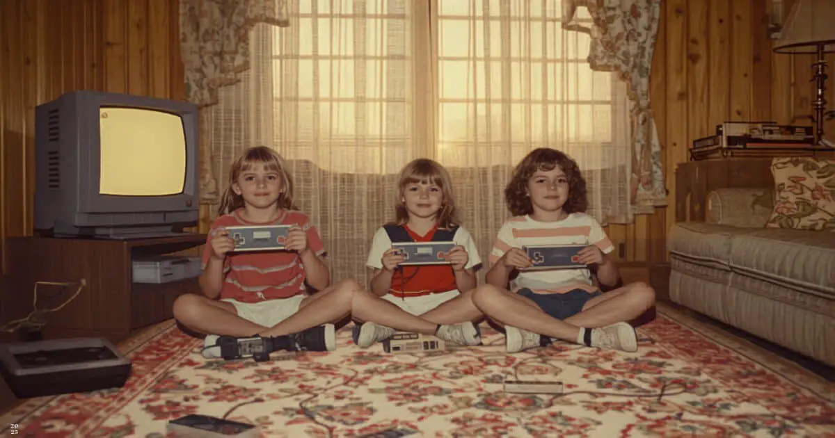 Kids playing Nintendo NES on a CRT television in an 80s living room