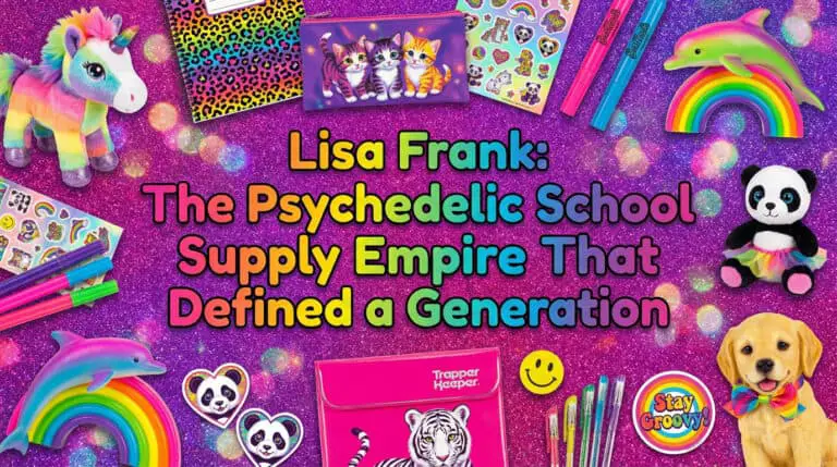Lisa Frank school supplies flat lay collage with rainbow notebooks, kittens, unicorns and neon stickers