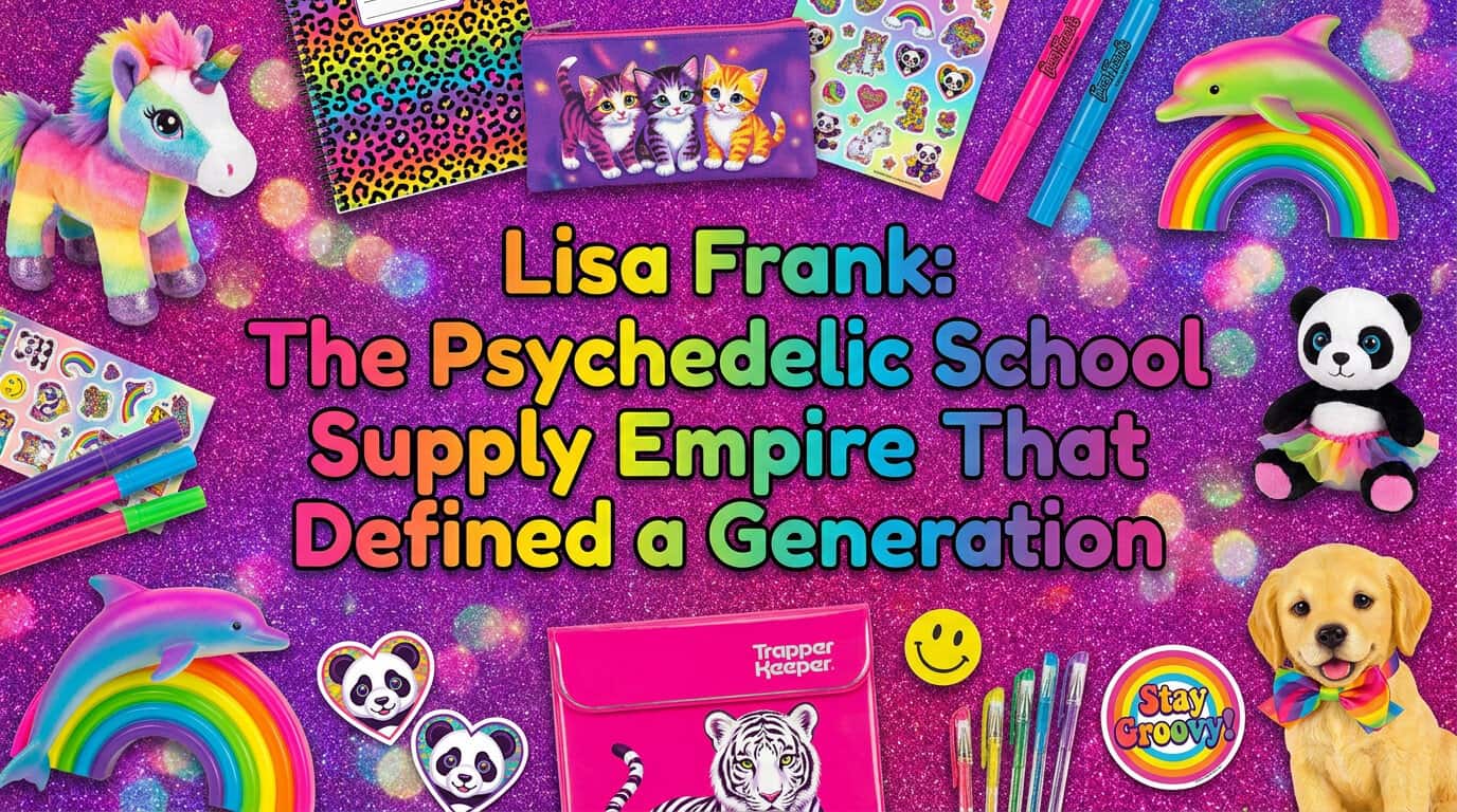 Lisa Frank school supplies flat lay collage with rainbow notebooks, kittens, unicorns and neon stickers