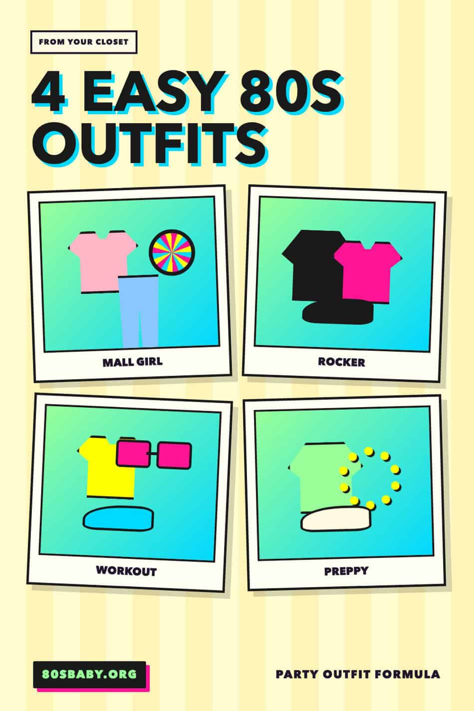 Four easy 80s outfits from your closet: mall girl, rocker, workout, and preppy