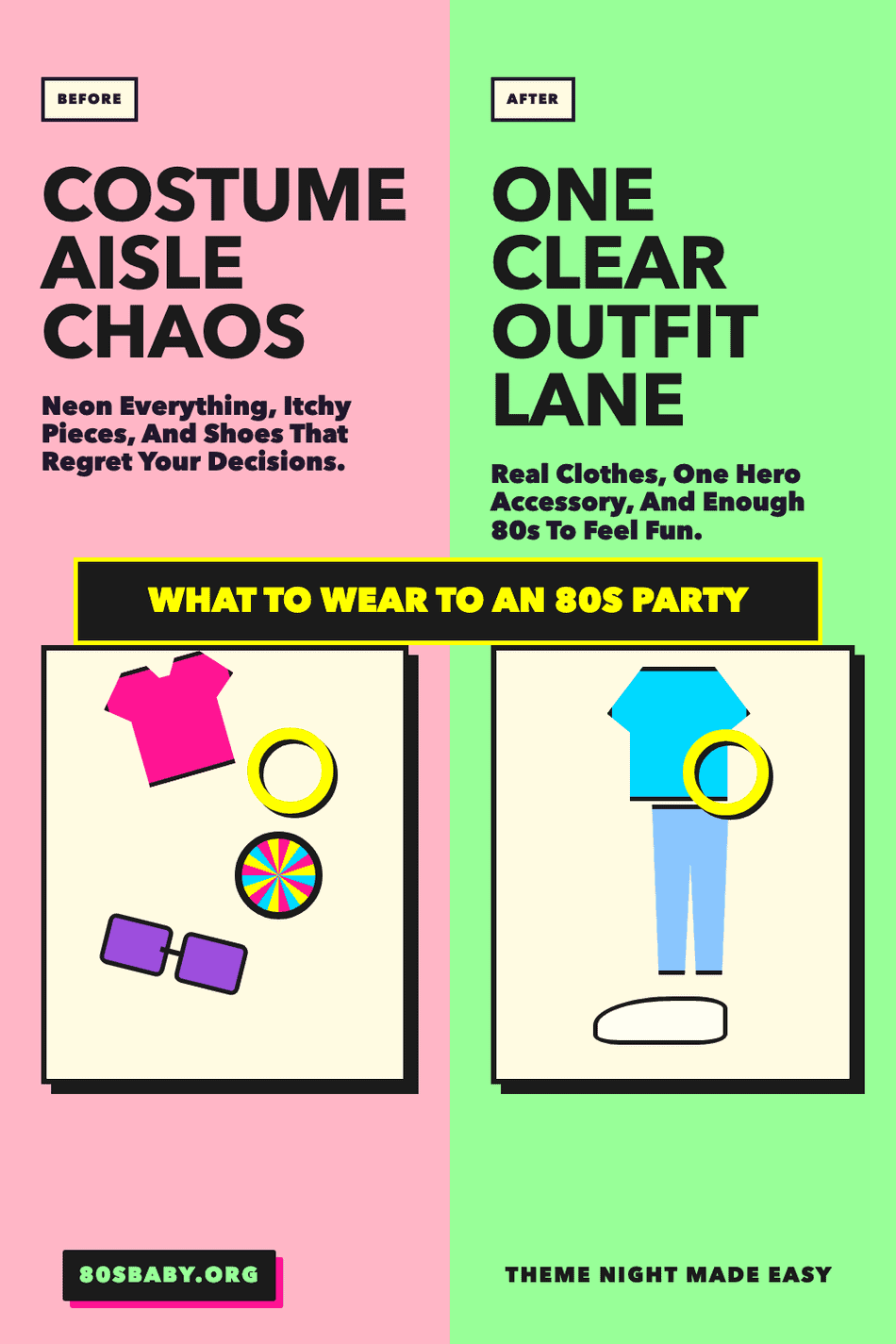 Before and after graphic showing costume aisle chaos versus one clear wearable 80s outfit lane