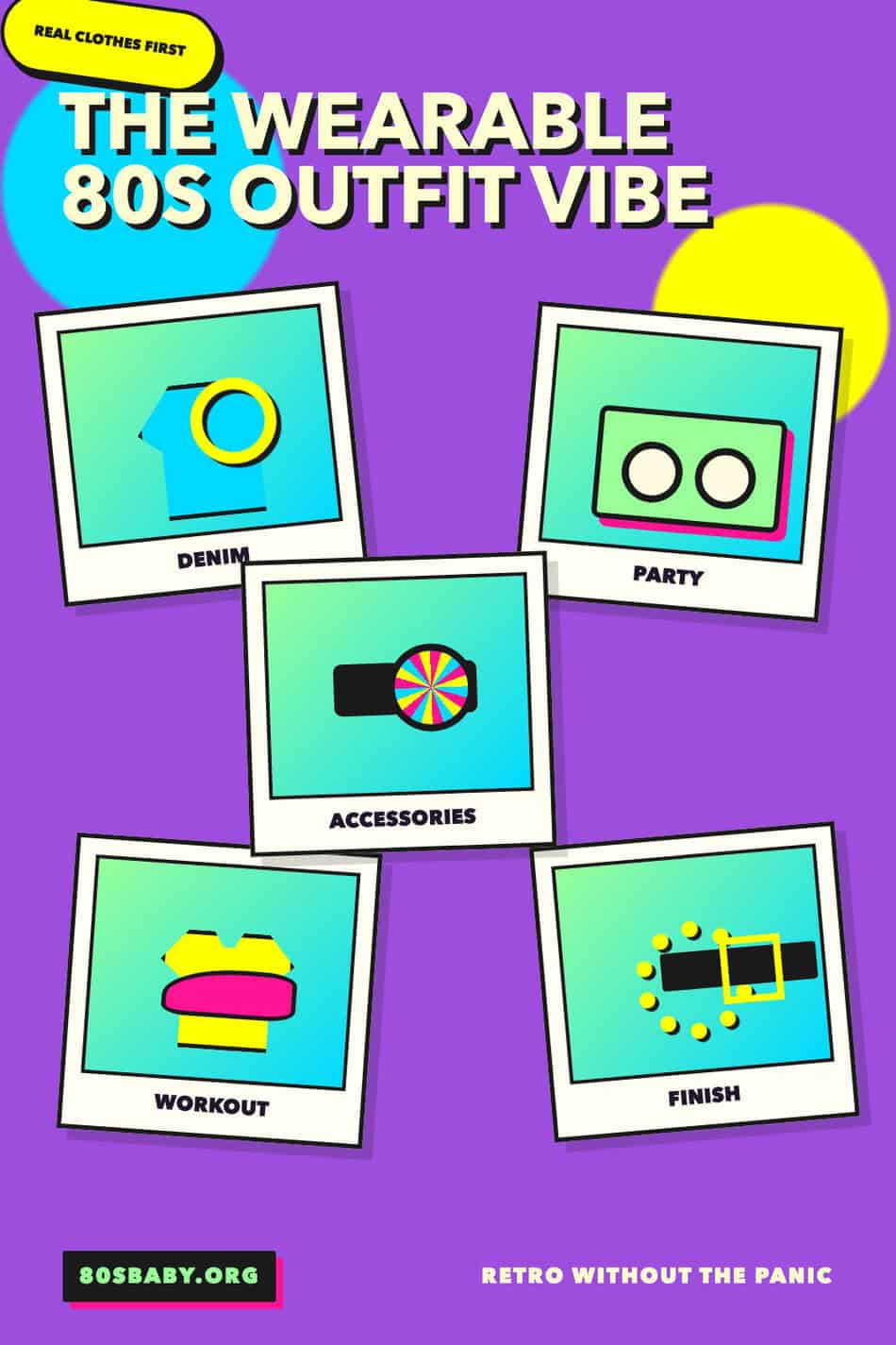 Mood board for wearable 80s outfit ideas with denim, accessories, workout style, and retro party pieces