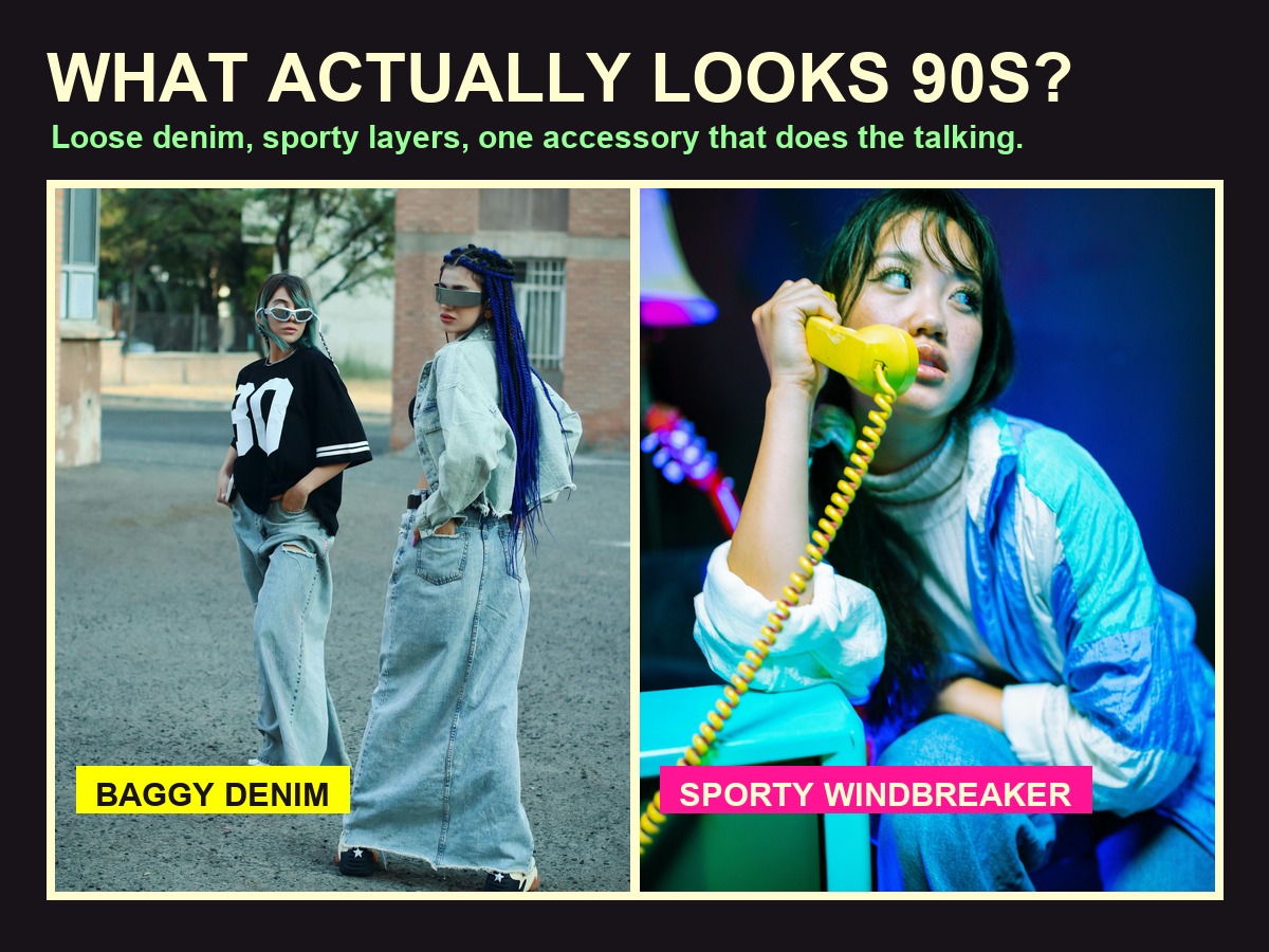 Real photo outfit formulas showing baggy denim and sporty windbreaker 90s party looks