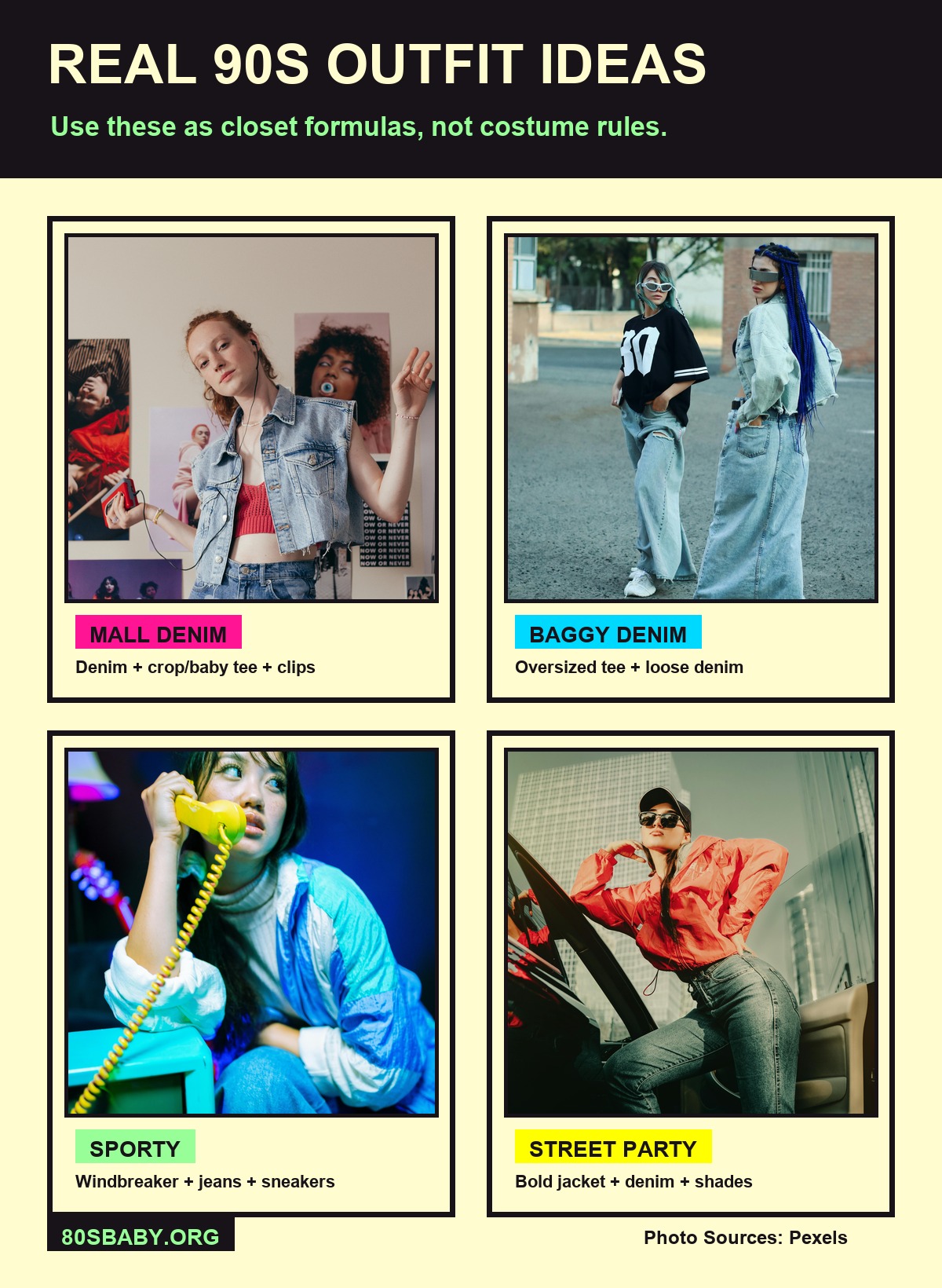 Real photo examples for 90s party outfit ideas including denim, baggy jeans, windbreaker, and bold jacket looks