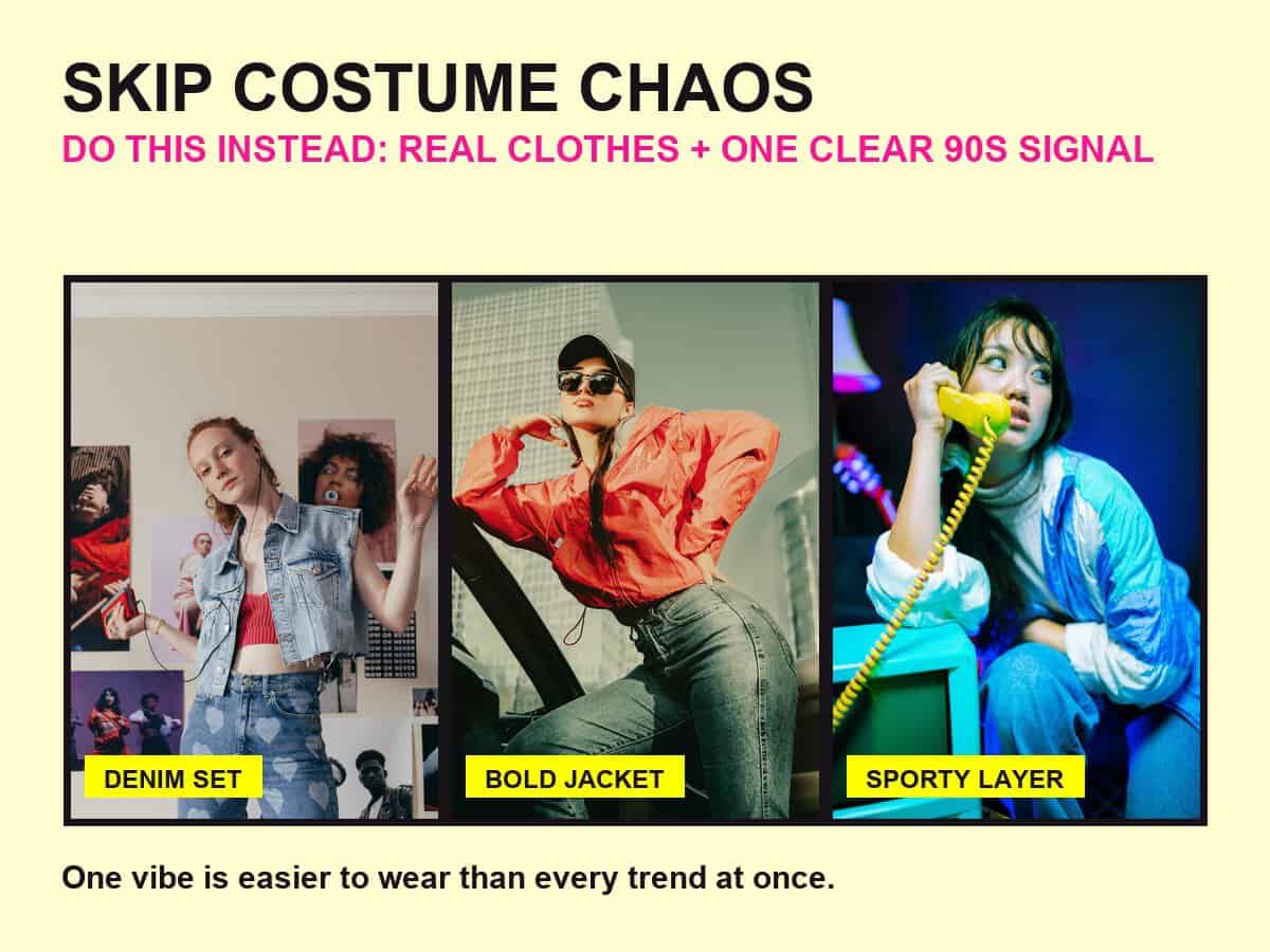Real photo comparison showing wearable 90s outfit signals instead of costume chaos