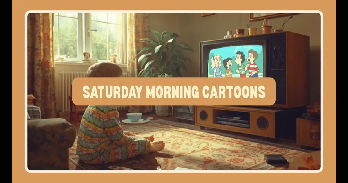 Child in pajamas watching Saturday morning cartoons on a 1980s CRT television with cereal bowl nostalgic 80s scene