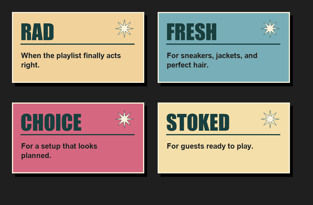 Detailed retro slang card sheet with rad, fresh, choice, and stoked