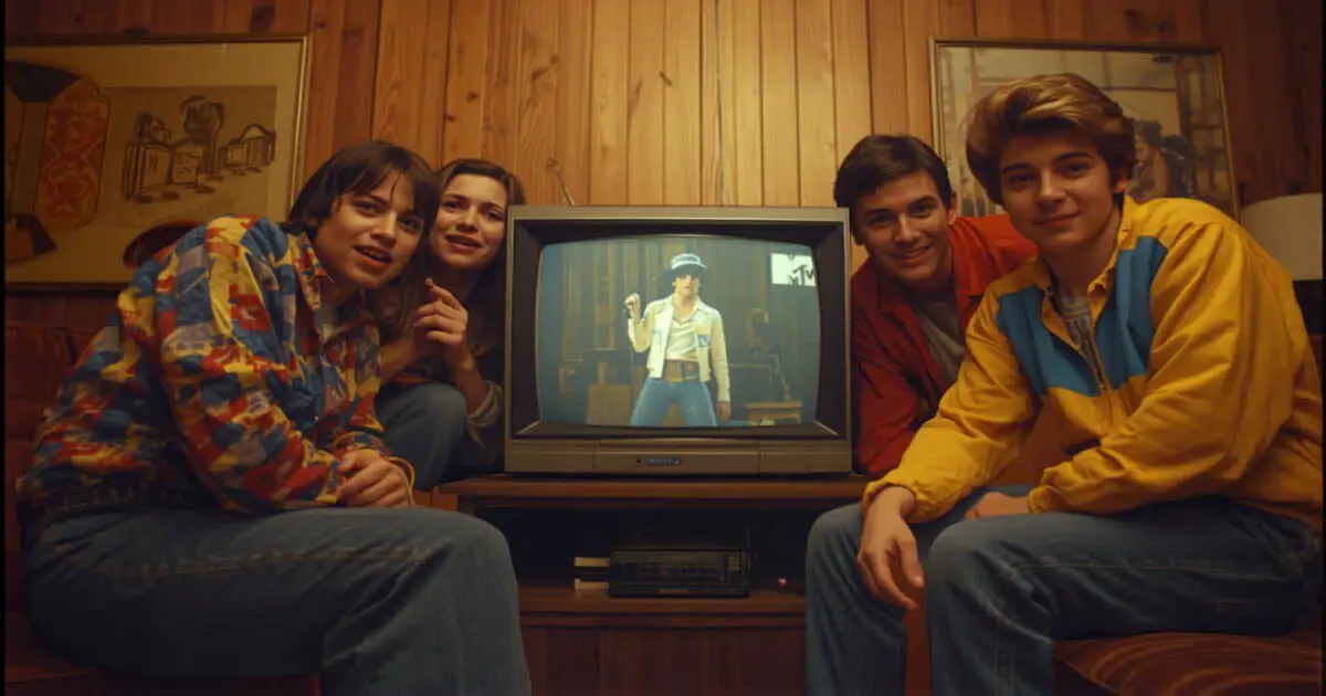 Teenagers watching MTV music videos on a CRT TV in a 1980s living room