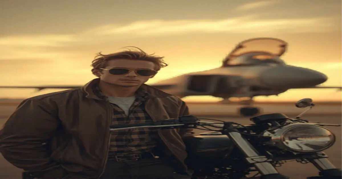 Young man in 80s aviator jacket and Ray-Ban sunglasses with fighter jet evoking Top Gun nostalgia