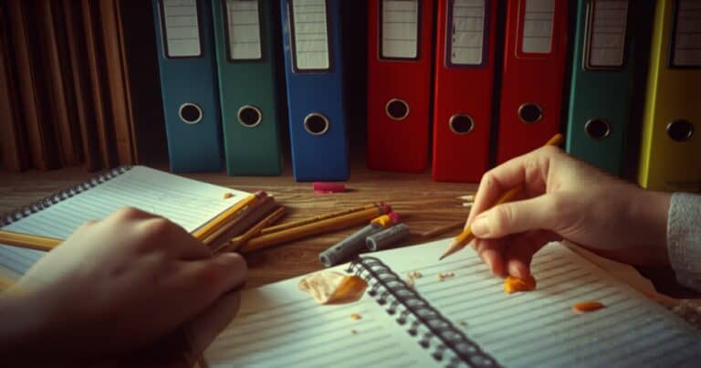 Colorful 80s Trapper Keeper binders and school supplies spread on a wooden desk