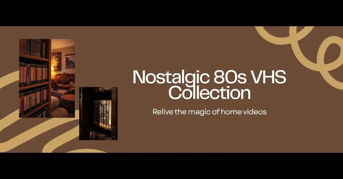 VHS tape collection on a shelf in a 1980s living room nostalgic home video era
