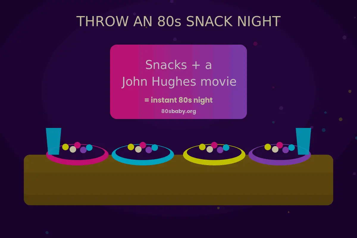 A retro 80s snack party table with bowls of fruit snacks and candy