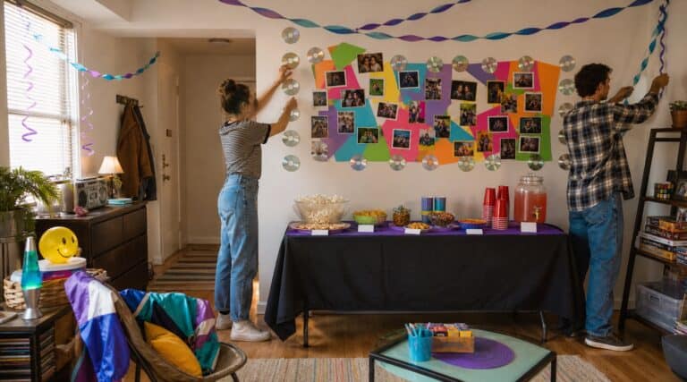 Two adults creating an affordable 90s-inspired photo wall and snack table in an apartment