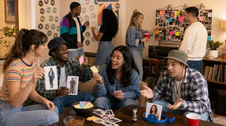Adults playing simple guessing and outfit games at a realistic 90s-inspired house party