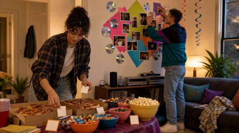 Two adults quickly setting up pizza, snacks, labels, and a photo wall for a 90s-inspired party
