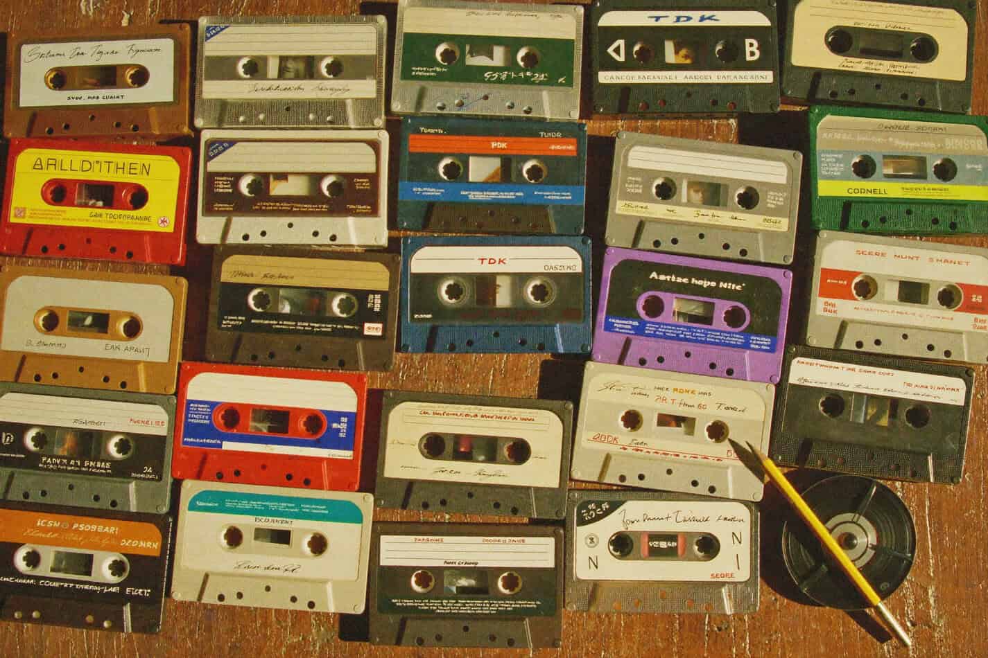 TDK and Maxell cassette tapes flat-lay with handwritten labels, 80s nostalgia