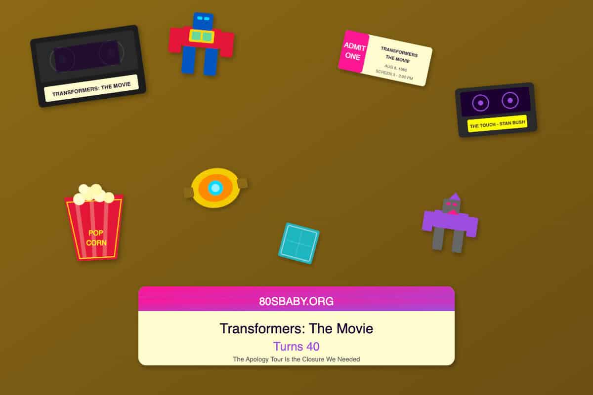 Transformers The Movie 40th anniversary nostalgia flat lay with VHS tape toy robots movie ticket and cassette on wood background