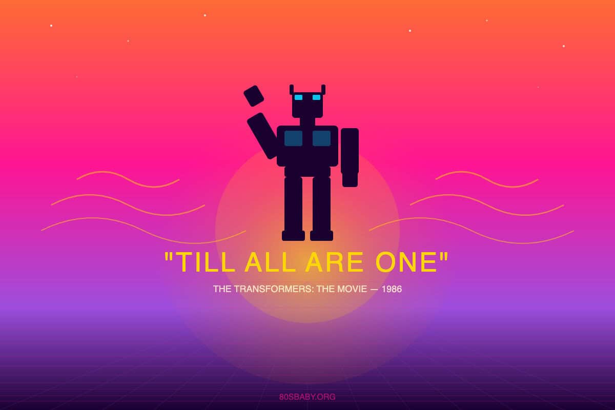 Optimus Prime heroic silhouette on retrowave sunset background with Till All Are One text Transformers 40th anniversary