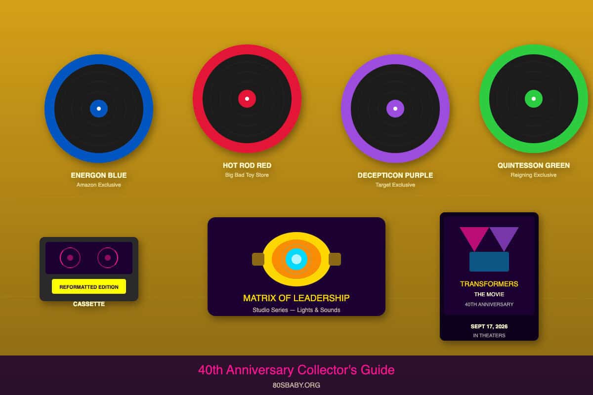 Transformers 40th anniversary collectors guide showing four colored vinyl records Matrix of Leadership replica cassette tape and movie poster
