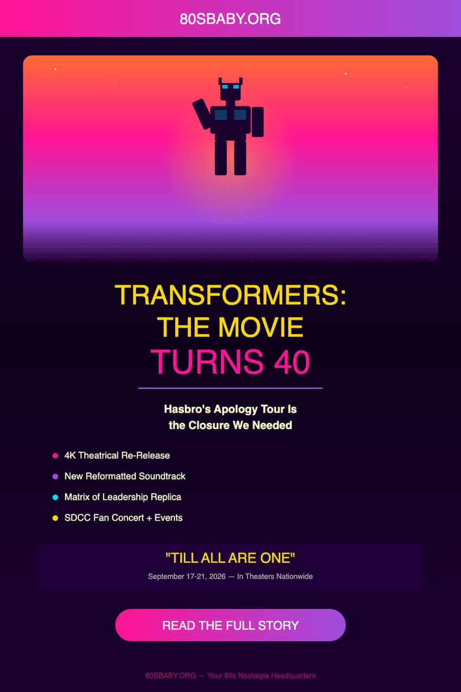 Transformers The Movie Turns 40 Pinterest graphic with Optimus Prime silhouette retrowave sunset and 80sbaby branding
