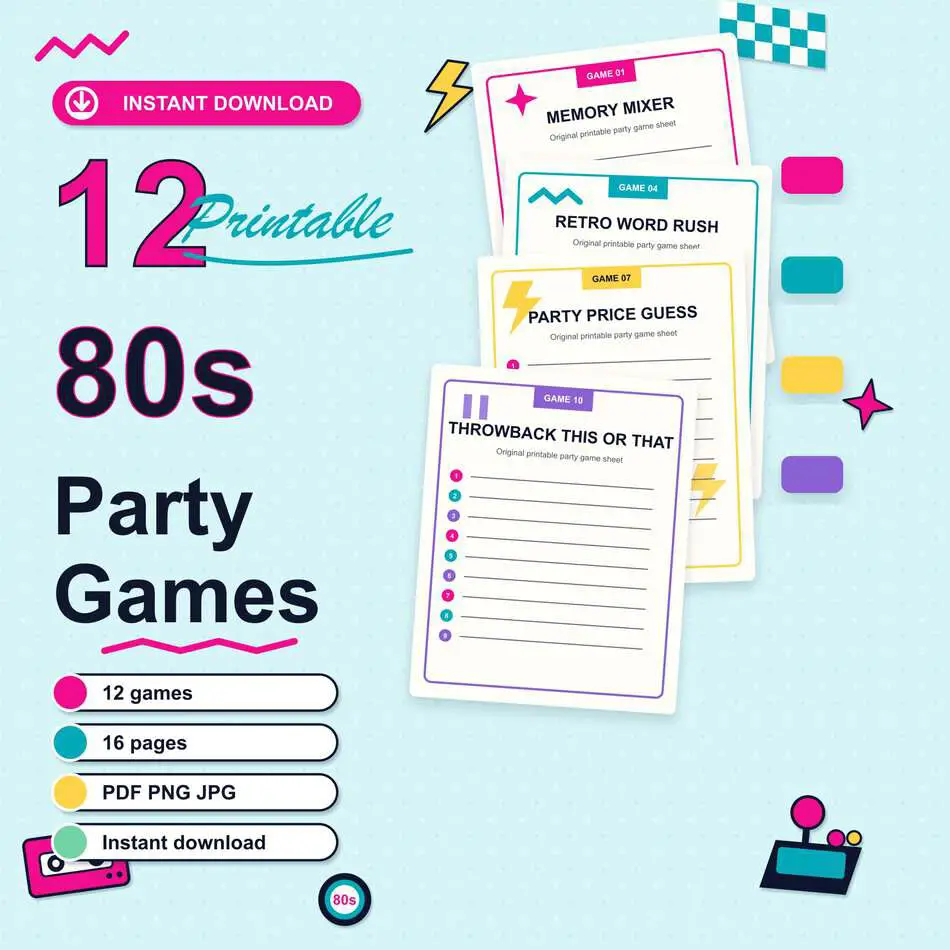 Preview of the original 12-game printable 80s party bundle