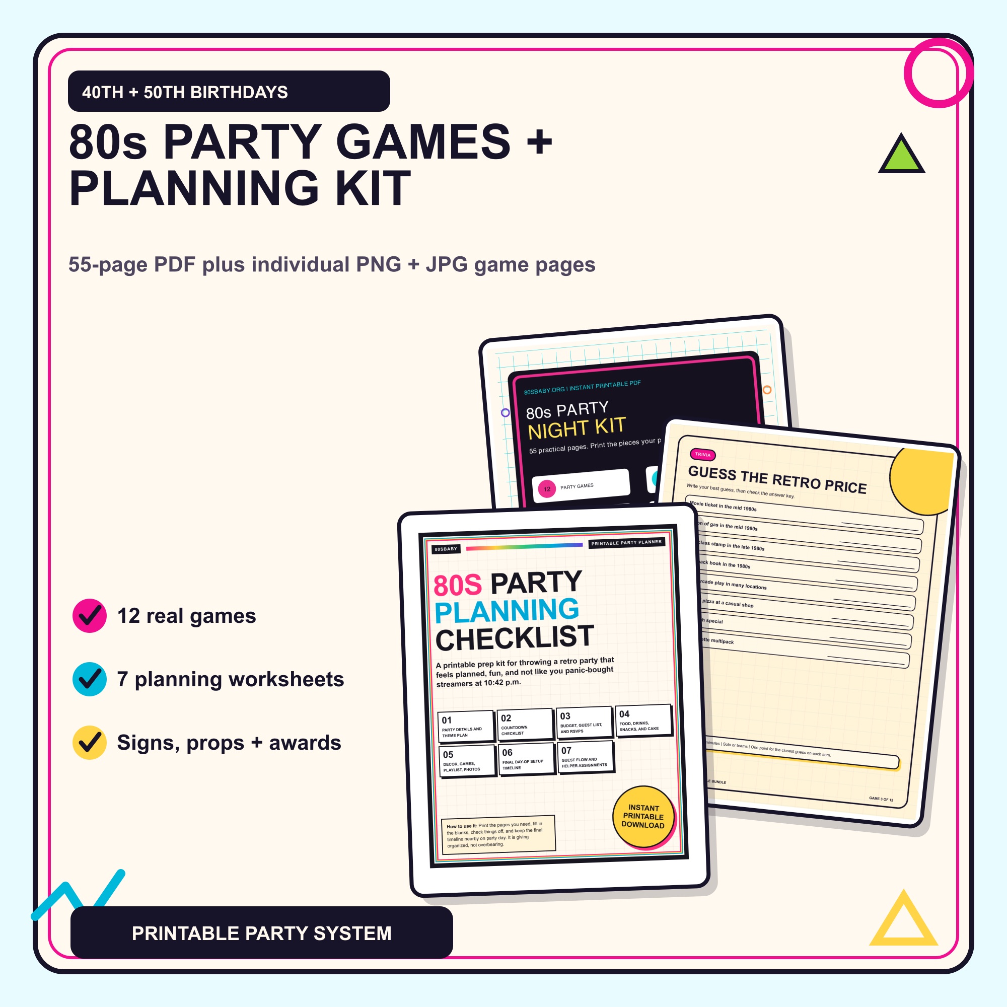 80s Party Night Kit showing real printable game, planner, prop, sign, award, playlist, and drink menu pages