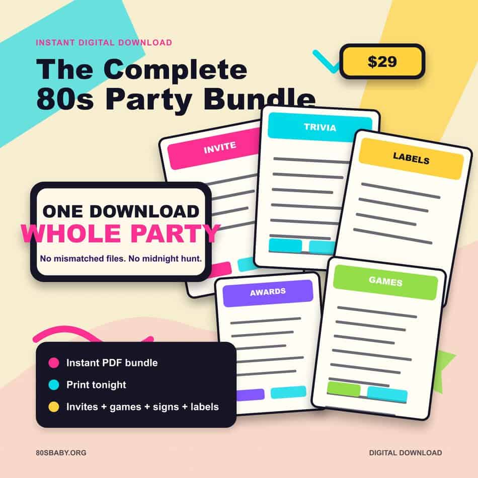 Preview of the Complete 80s Party Bundle showing instant PDF invitations, trivia, labels, games, and awards