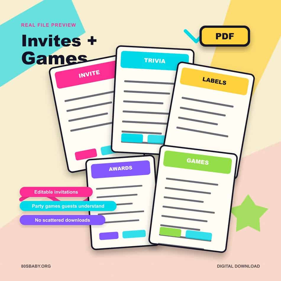 Invite and game preview for the Complete 80s Party Bundle