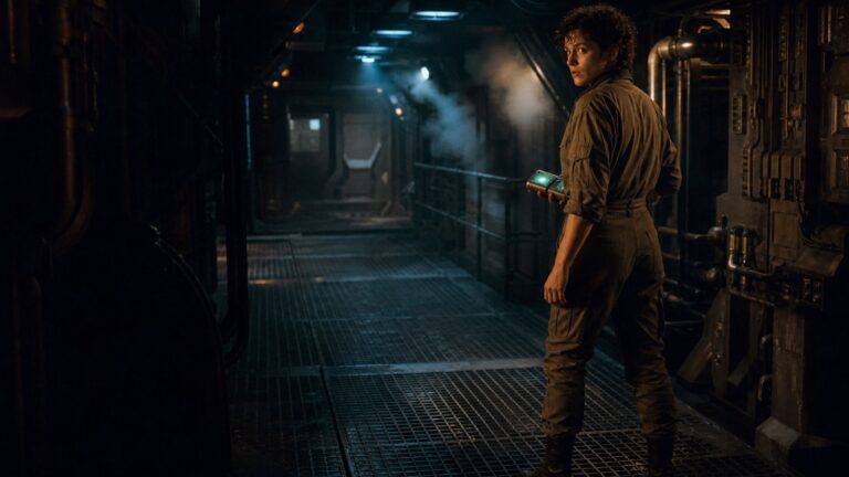 Woman in military fatigues in a dark industrial corridor with an original 1980s science fiction atmosphere