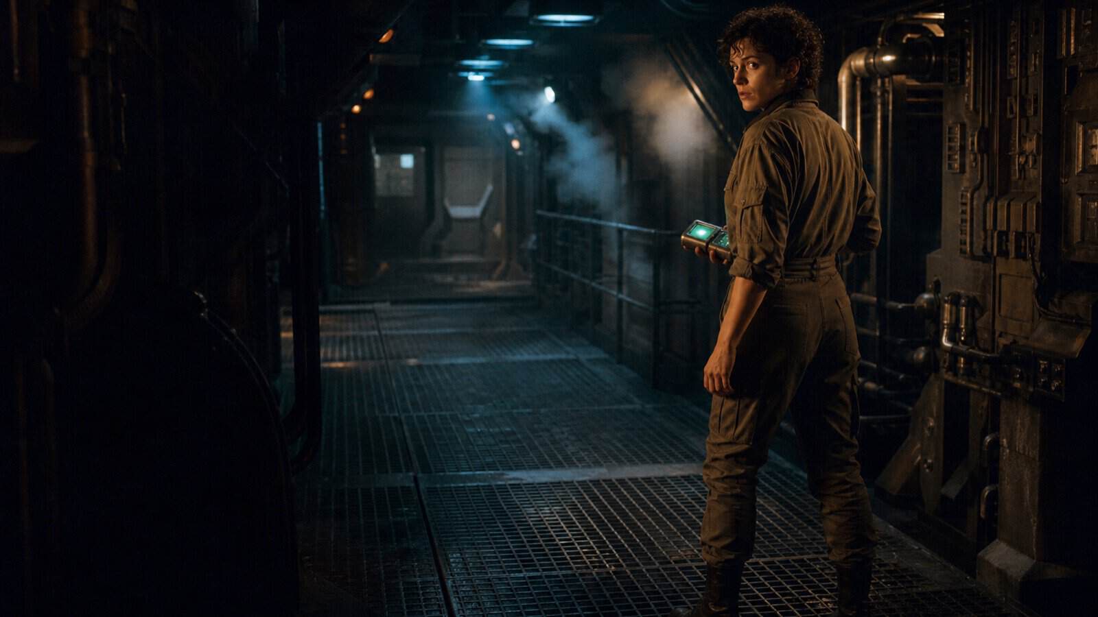 Woman in military fatigues in a dark industrial corridor with an original 1980s science fiction atmosphere
