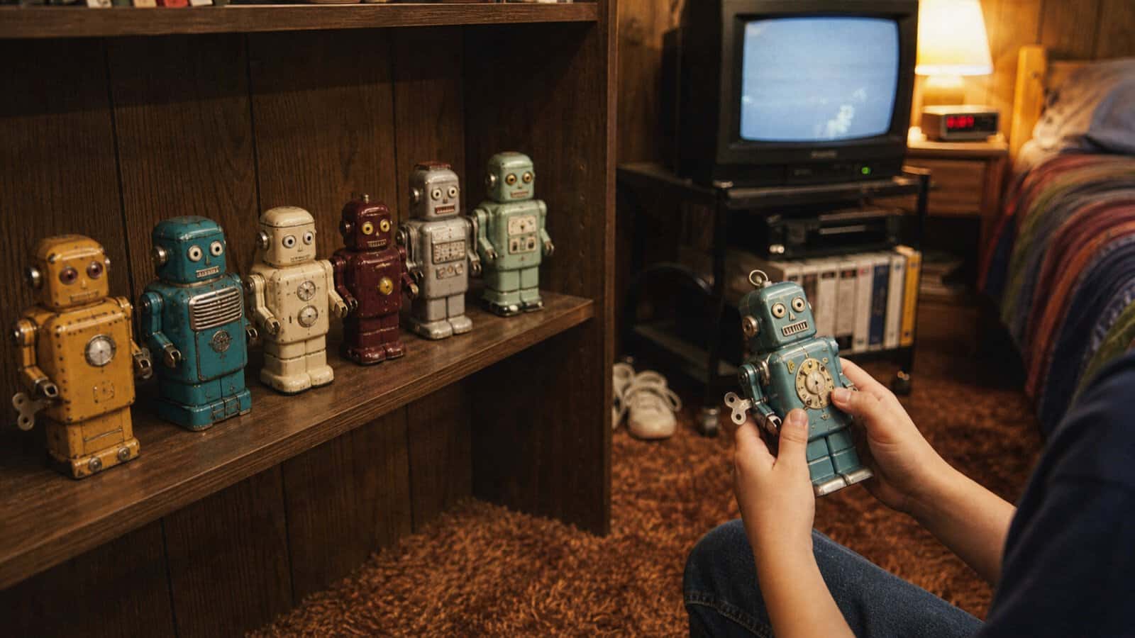 Child holding a vintage wind-up robot in an authentic 1980s bedroom with toy robots and a tube television