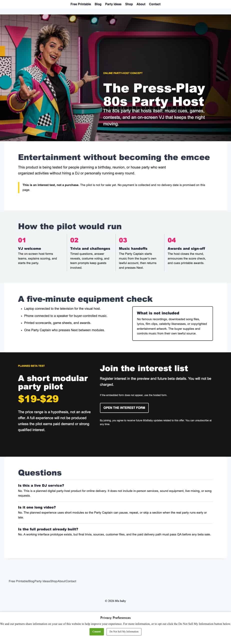 Screenshot of the 80s Baby interest page at 1280 by 900 pixels, showing the brand's audience engagement layout and visual system.
