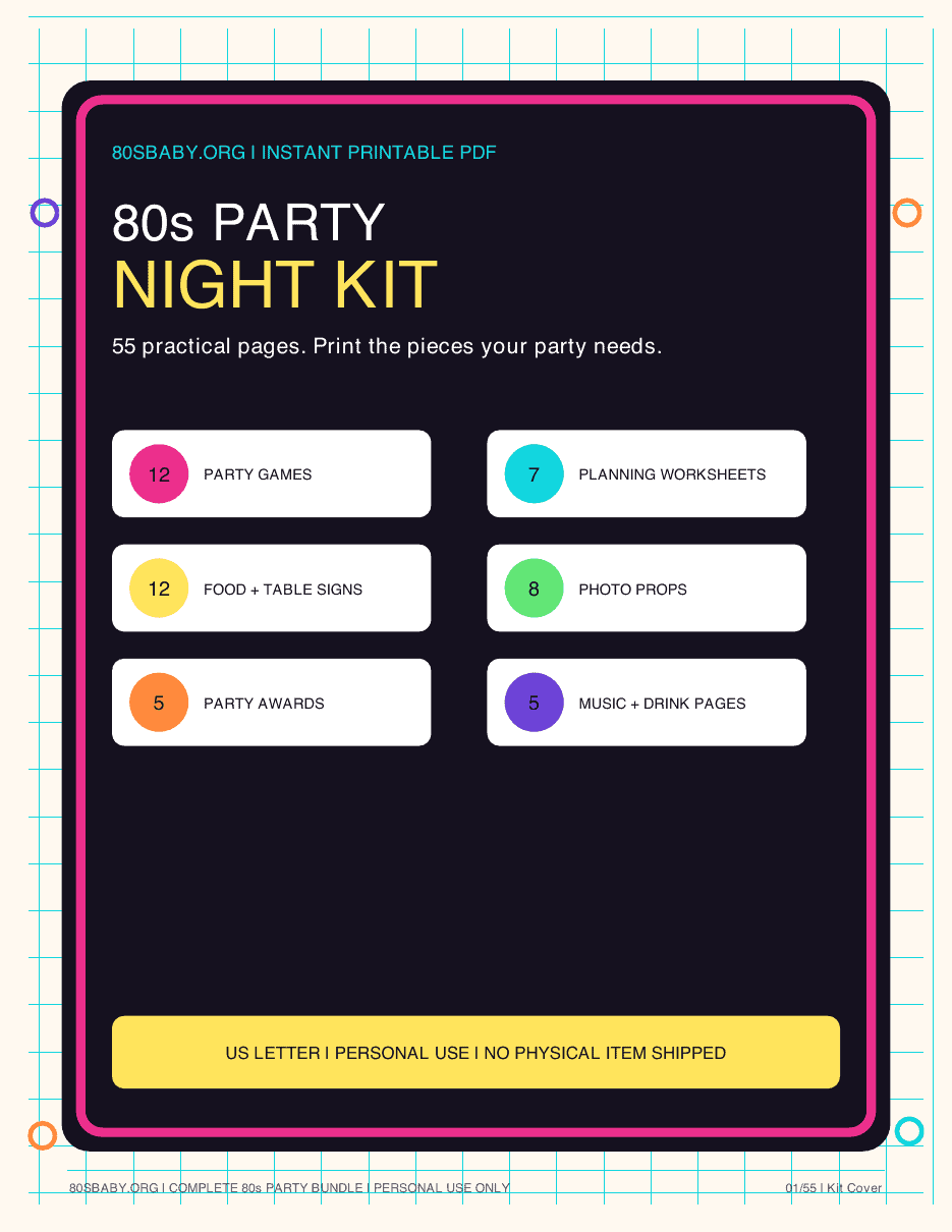 Cover page of the 80s Party Games + Planning Kit — the first of 55 printable pages.