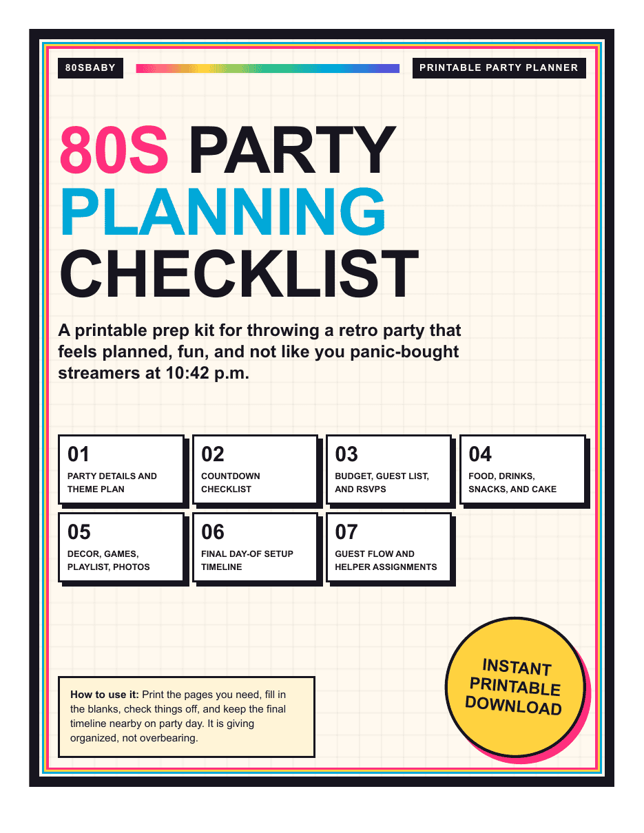 Page 18 of the 80s Party Games + Planning Kit, floating over the table background.