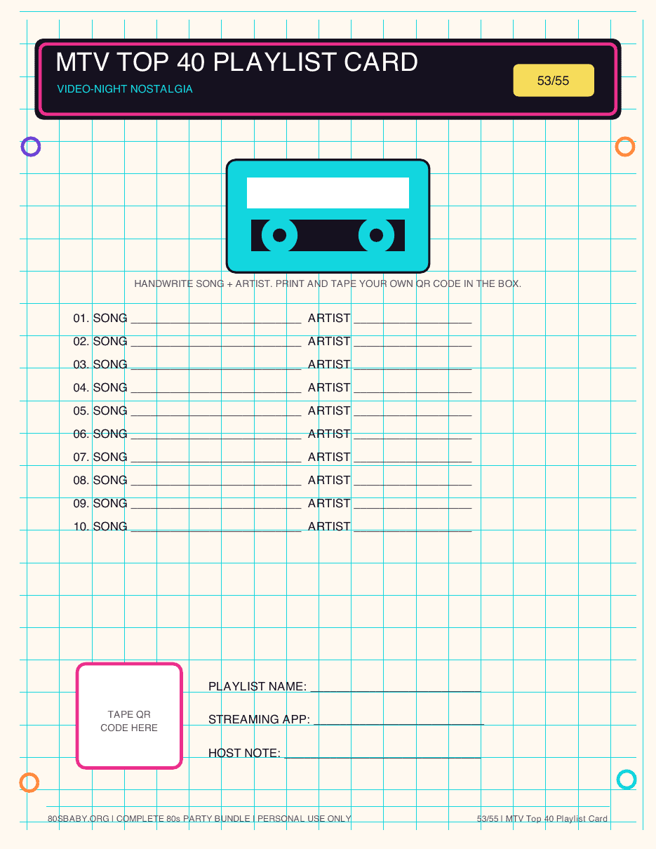 Page 53 of the 80s Party Games + Planning Kit, near the end of the full 55-page set.