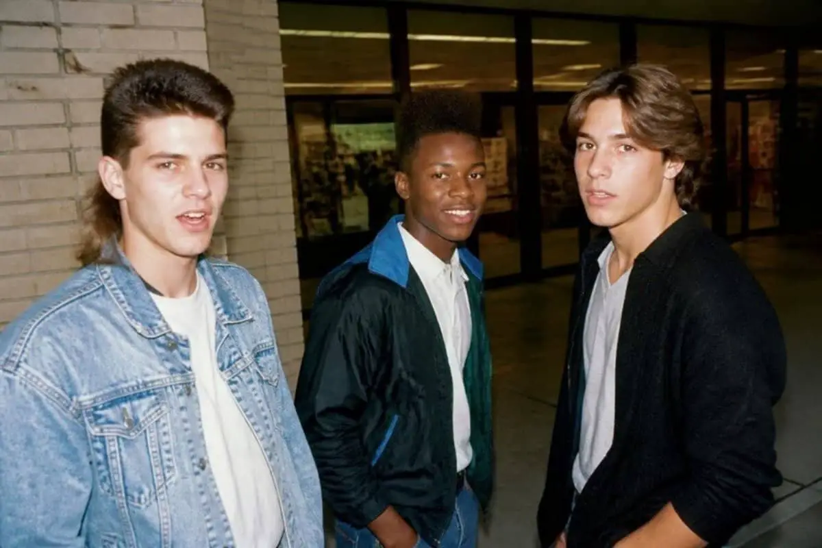 Three young men at a mall in the late 1980s with a mullet, a hi top fade, and feathered hair