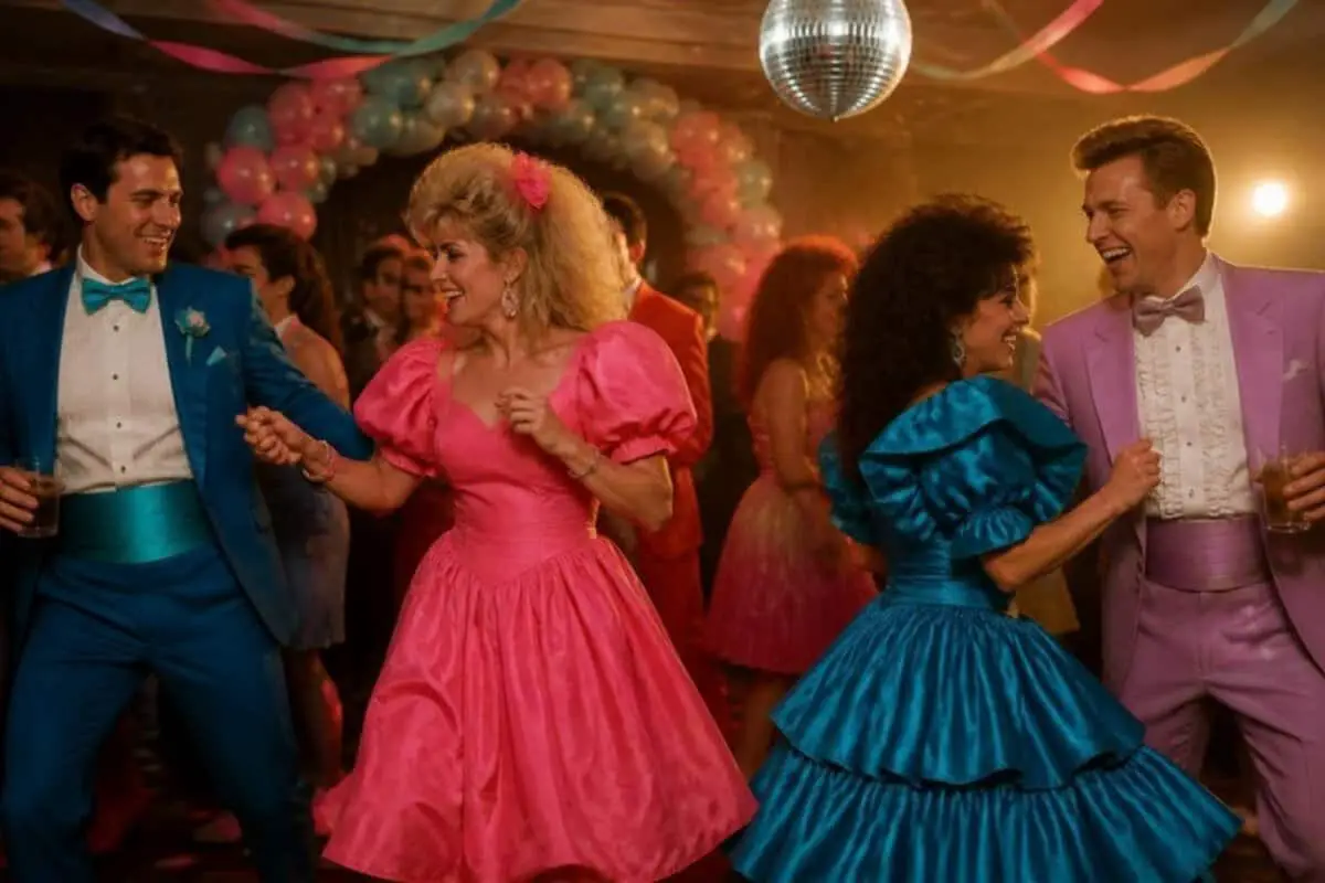 Adults in neon 80s prom dresses and colorful tuxes dancing under a disco ball at an 80s prom theme party