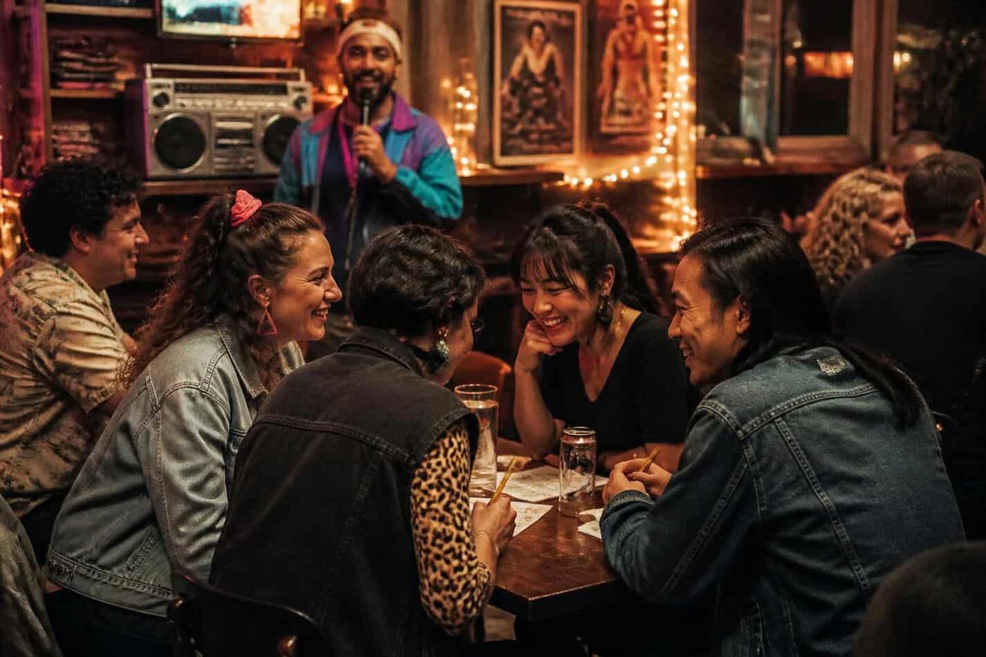 Friends laughing around a bar table during an 80s theme trivia night while the host reads a question